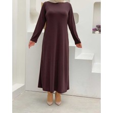 Bym Fashion Düz Bisklet Yaka Uzun Kol İç Sandy Elbise 3202 Kahverengi