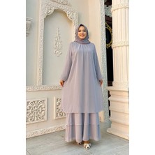 Bym Fashion Kat Kat Görünüm Kol Manşetleri Lastikli Şifon Elbise 3060 Gri