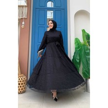 Bym Fashion Dantel Kat Kat Detaylı Kol Manşetleri Lastikli Kuşaklı Astarlı Elbise 3614 Siyah