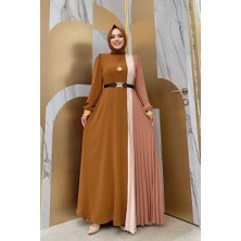 Bym Fashion Üç Renkli Bel Kemer Pilise Detay Elbise 3622 Taba