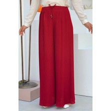 Bym Fashion Bel Lastikli Bağcık Görünümlü Piliseli Pantolon 0129 Bordo