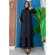 Bym Fashion Kat Kat Görünüm Kol Manşetleri Lastikli Şifon Elbise 3060 Siyah