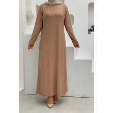 Bym Fashion Düz Bisklet Yaka Uzun Kol İç Sandy Elbise 3202 Taba