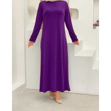 Bym Fashion Düz Bisklet Yaka Uzun Kol İç Sandy Elbise 3202 Mor