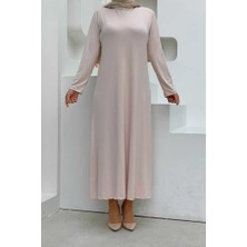 Bym Fashion Büyük Beden Düz Bisklet Yaka Uzun Kol İç Sandy Elbise 3202-1 Taş