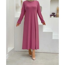 Bym Fashion Büyük Beden Düz Bisklet Yaka Uzun Kol İç Sandy Elbise 3202-1 Pudra