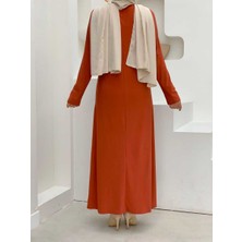 Bym Fashion Büyük Beden Düz Bisklet Yaka Uzun Kol İç Sandy Elbise 3202-1 Kiremit