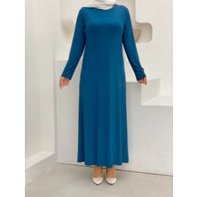 Bym Fashion Büyük Beden Düz Bisklet Yaka Uzun Kol İç Sandy Elbise 3202-1 İndigo