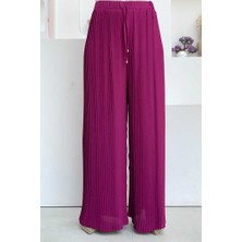 Bym Fashion Bel Lastikli Bağcık Görünümlü Piliseli Pantolon 0129 Fuşya