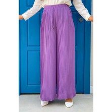 Bym Fashion Bel Lastikli Bağcık Görünümlü Piliseli Pantolon 0129 Lila