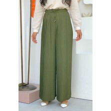 Bym Fashion Bel Lastikli Bağcık Görünümlü Piliseli Pantolon 0129 Haki