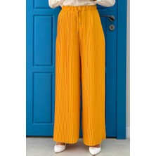 Bym Fashion Bel Lastikli Bağcık Görünümlü Piliseli Pantolon 0129 Hardal