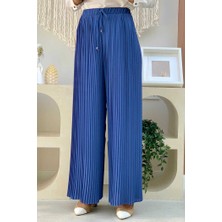 Bym Fashion Bel Lastikli Bağcık Görünümlü Piliseli Pantolon 0129 İndigo