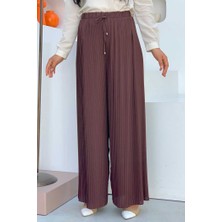 Bym Fashion Bel Lastikli Bağcık Görünümlü Piliseli Pantolon 0129 Kahverengi