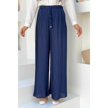 Bym Fashion Bel Lastikli Bağcık Görünümlü Piliseli Pantolon 0129 Lacivert