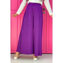 Bym Fashion Bel Lastikli Bağcık Görünümlü Piliseli Pantolon 0129 Mor