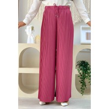 Bym Fashion Bel Lastikli Bağcık Görünümlü Piliseli Pantolon 0129 Gül Kurusu