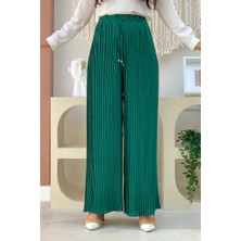 Bym Fashion Bel Lastikli Bağcık Görünümlü Piliseli Pantolon 0129 Zümrüt