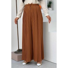 Bym Fashion Bel Lastikli Bağcık Görünümlü Piliseli Pantolon 0129 Taba