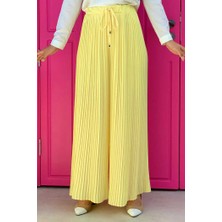 Bym Fashion Bel Lastikli Bağcık Görünümlü Piliseli Pantolon 0129 Sarı