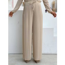 Bym Fashion Bel Lastikli Bağcık Görünümlü Piliseli Pantolon 0129 Taş