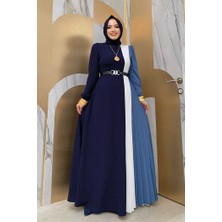 Bym Fashion Üç Renkli Bel Kemer Pilise Detay Elbise 3622 Lacivert