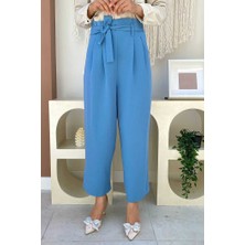 Bym Fashion Fermuarlı Bel Bağcıklı Pantolon 0174 Mavi