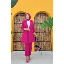 Bym Fashion Bym Düğme Detaylı Kısa Ceket Pantolon Takım 8352 Fuşya