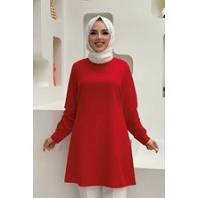 Bym Fashion Kol Manşetleri Düğmeli Bisiklet Yaka Uzun Tunik 2649 Kırmızı