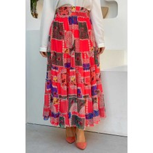 Bym Fashion Bel Kalın Lastik Görünümlü Kat Kat Detay Desenli Şifon Etek 1182 Fuşya