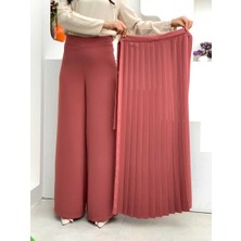 Bym Fashion Piliseli Ayrı Bağlamalı Parça Detaylı Pantolon Etek 0274 Gül Kurusu