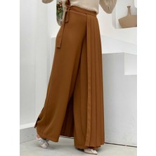 Bym Fashion Piliseli Ayrı Bağlamalı Parça Detaylı Pantolon Etek 0274 Taba