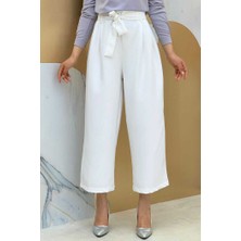 Bym Fashion Fermuarlı Bel Bağcıklı Pantolon 0174 Ekru