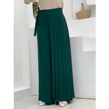 Bym Fashion Piliseli Ayrı Bağlamalı Parça Detaylı Pantolon Etek 0274 Zümrüt