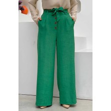 Bym Fashion Düğme Detaylı Bel Bağlamalı Cepli Bol Pantolon 0275 Zümrüt