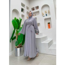 Bym Fashion Omuz Taş İşlemeli Bel Bağlamalı Ferace 7805 Gri