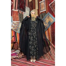 Bym Fashion Şifon Pul Payet İşlemeli Pelerinli Elbise Abiye Takım 3775 Siyah