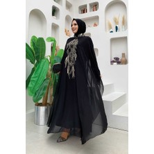 Bym Fashion Bym Pul Payet Işlemeli Şifon Pelerinli Elbiseli Abiye Takım 3774 Siyah
