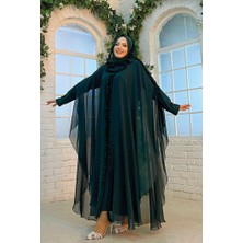 Bym Fashion Kapişonlu Belirli Kısımları Fırfır Detaylı Abayalı Elbise Takım 3778 Zümrüt