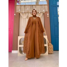 Bym Fashion Dantel Abaya Bel Kuşaklı Cep Detaylı Tulum Takım 3782 Taba