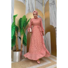 Bym Fashion Dantel Görünümlü Şifon Fırfır Detay Elbise 3783 Pudra