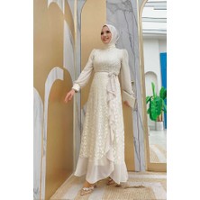 Bym Fashion Dantel Görünümlü Şifon Fırfır Detay Elbise 3783 Taş