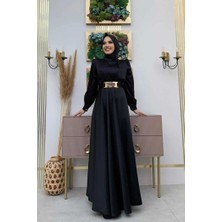 Bym Fashion Göğüs Kısmı Kat Şerit Detay Bel Kemer Aksesuarlı Abiye Elbise 3792 Siyah