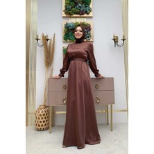 Bym Fashion Bym Bel Kuşak Detay Düz Saten Abiye Elbise 3791 Kahverengi