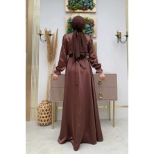 Bym Fashion Bym Bel Kuşak Detay Düz Saten Abiye Elbise 3791 Kahverengi