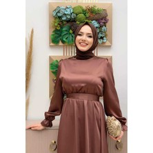 Bym Fashion Bym Bel Kuşak Detay Düz Saten Abiye Elbise 3791 Kahverengi
