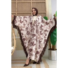 Bym Fashion Yaprak Desenli Şifon Fırfır Detaylı Yarasakol Elbise 3816 Kahverengi