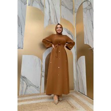 Bym Fashion Taş Detaylı Bel Kuşaklı Elbise 3797 Taba