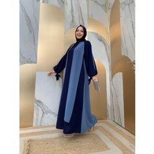 Bym Fashion İki Renkli Parça Detay Balonkol Görünümlü Elbise 3799 İndigo