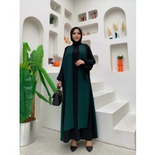 Bym Fashion İki Renkli Parça Detay Balonkol Görünümlü Elbise 3799 Zümrüt